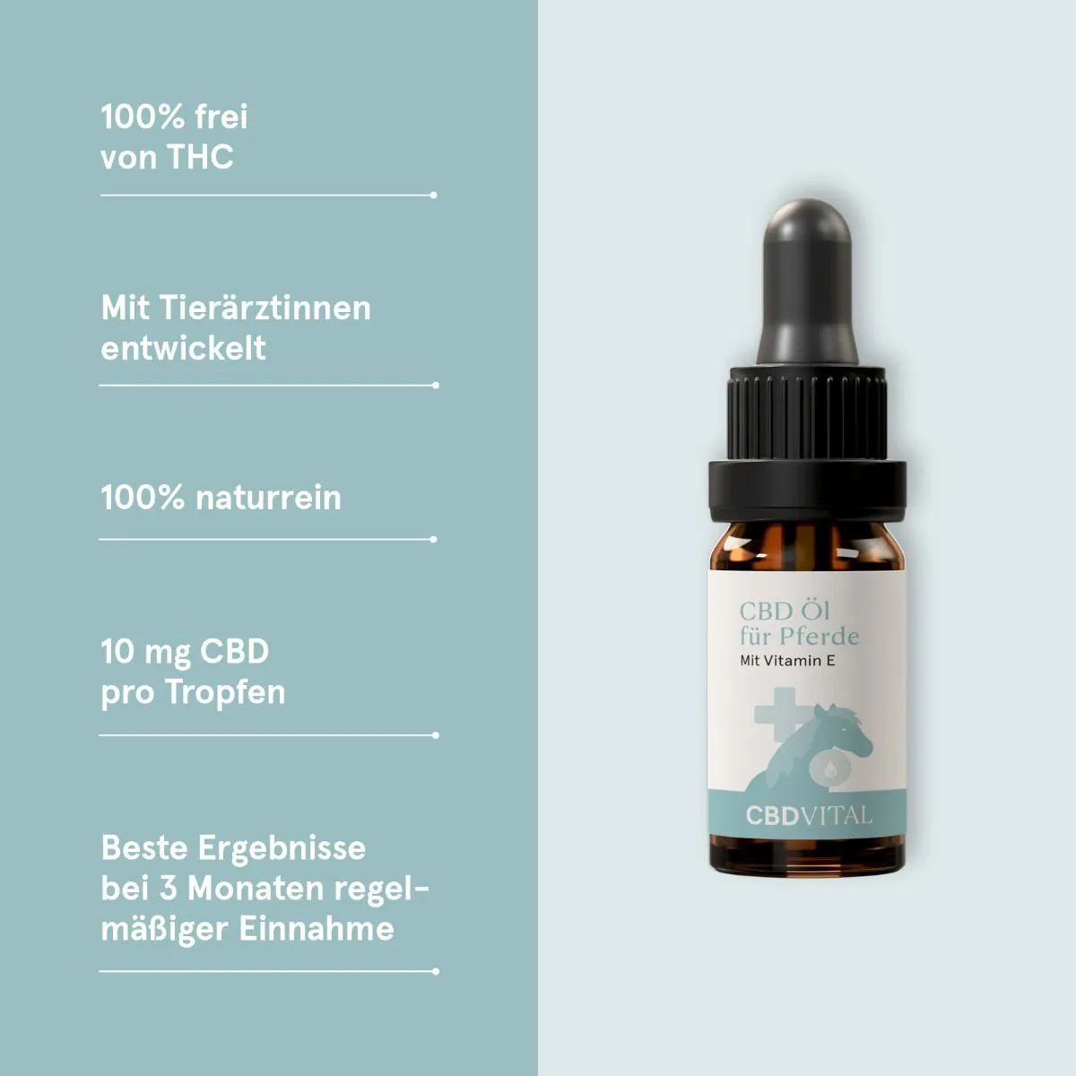 Braune Glasflasche mit Tropfer. Etikett: CBD Öl für Pferde, CBDVITAL. Text: 100% frei von THC, 10 mg CBD pro Tropfen.