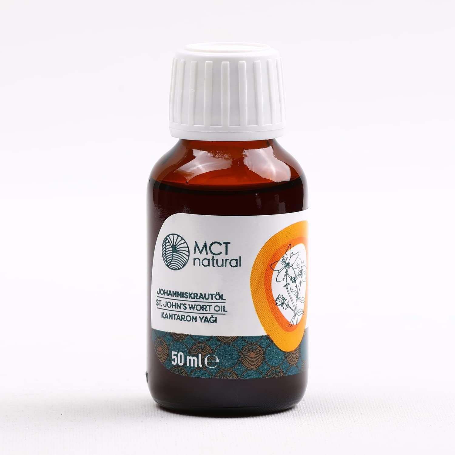 Braune Glasflasche mit weißem Deckel. Aufschrift: MCT natural, Johanniskrautöl. 50 ml.