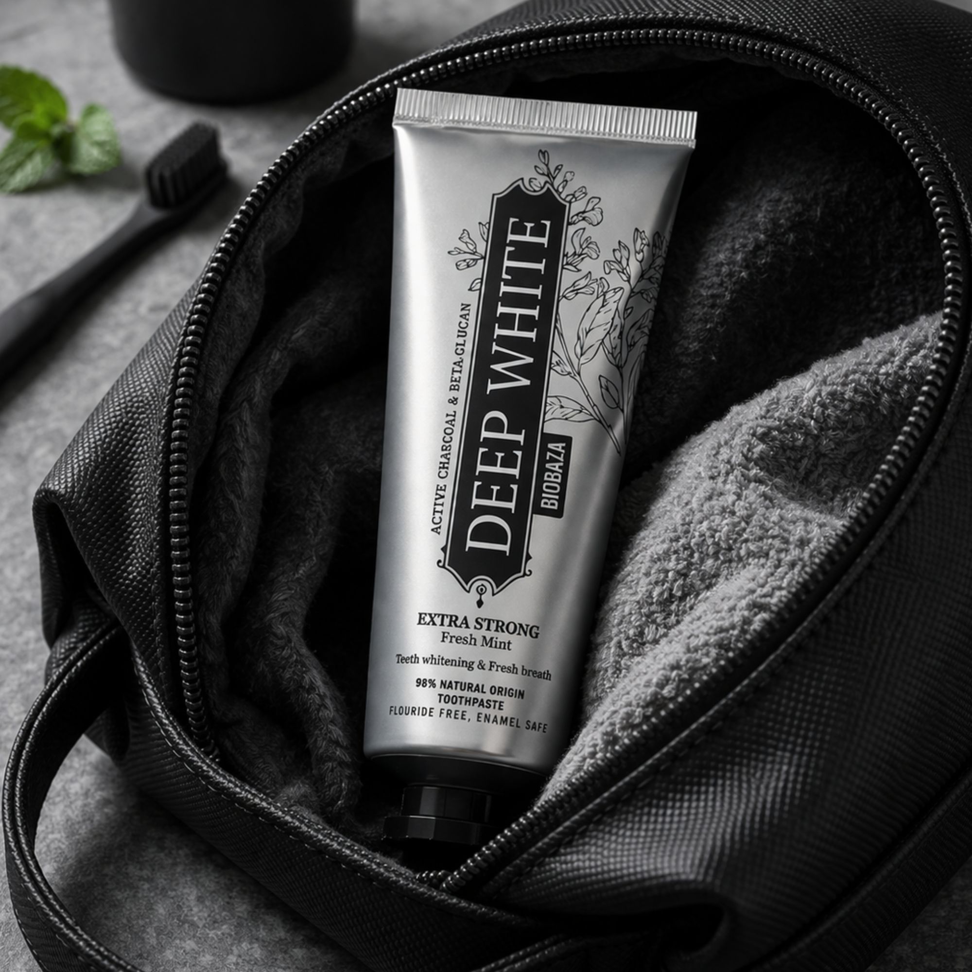 Silberne Tube "DEEP WHITE" in einer schwarzen Kosmetiktasche. Sichtbar: Logo und Produktinformationen.