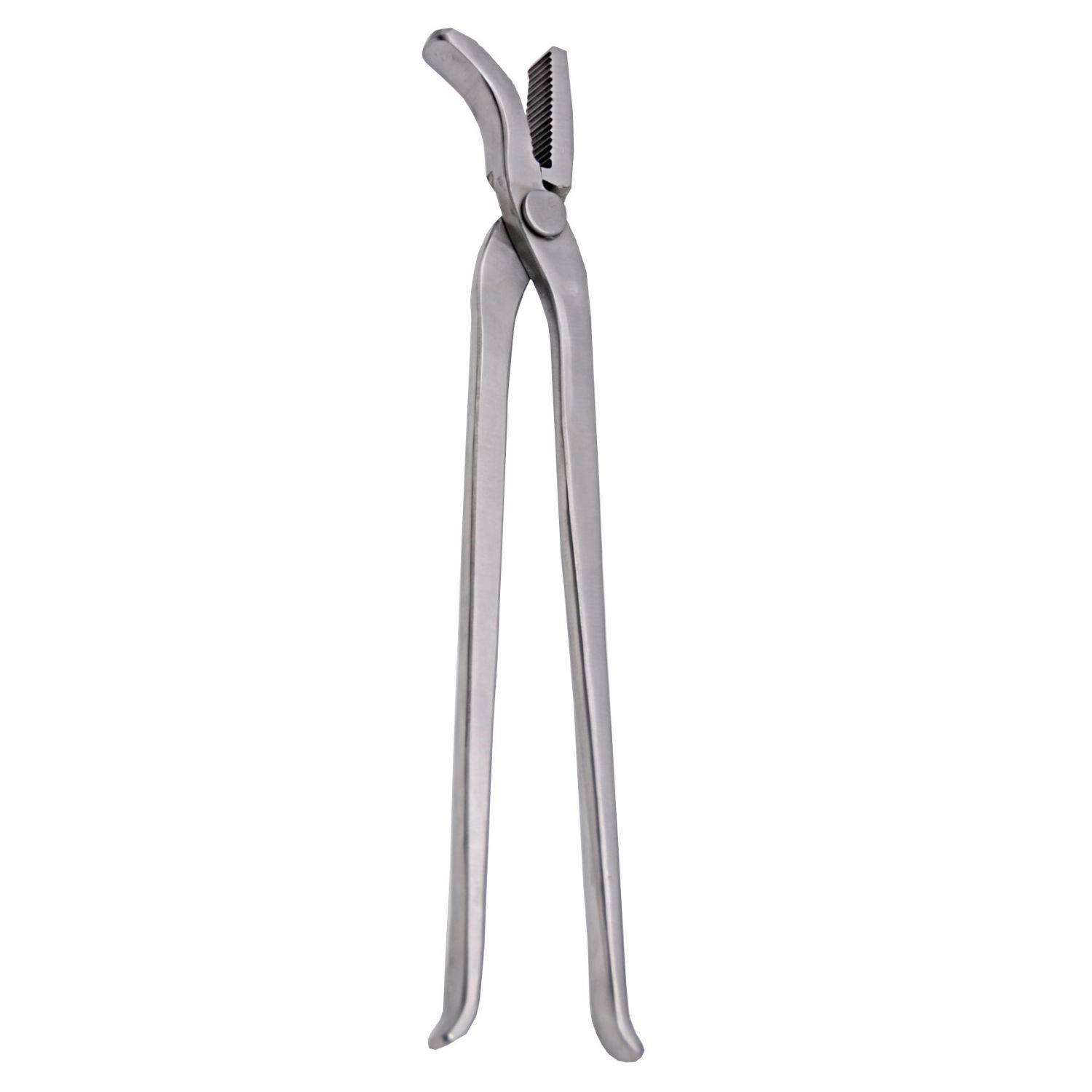 Hufnietzange aus Metall, mit langen Griffen und gebogener Maulform.