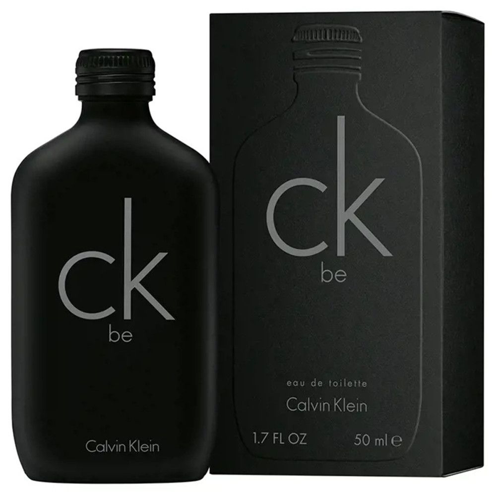 Schwarze Flasche und Verpackung von Calvin Klein CK Be Eau de Toilette. Flasche mit "ck be"-Logo. Verpackung mit Umriss der Flasche.