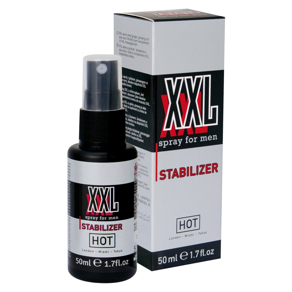Schwarze Sprühflasche und Verpackung. Aufschrift: XXL spray for men STABILIZER HOT. 50ml.