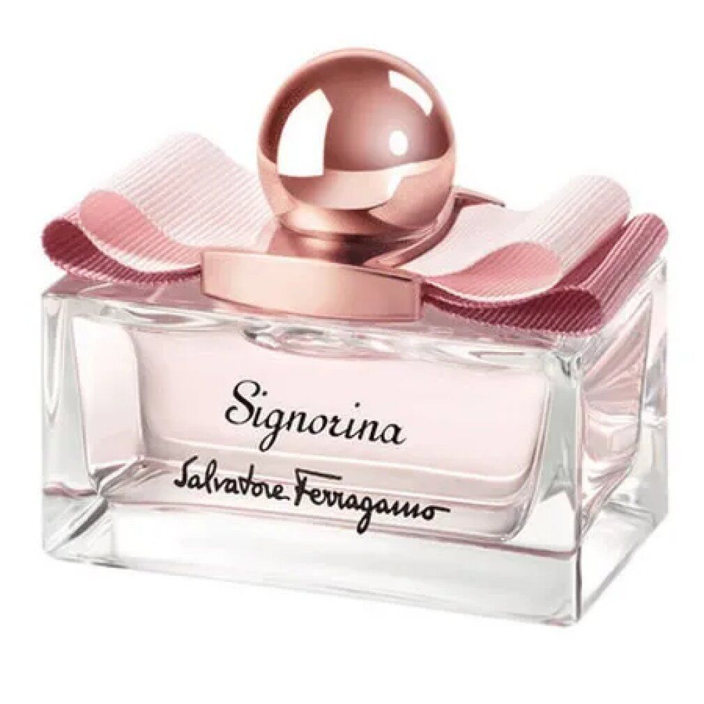 Rechteckiger Flakon mit rosa Flüssigkeit. Rosa Schleife und goldfarbener Verschluss. Schriftzug Signorina und Salvatore Ferragamo.