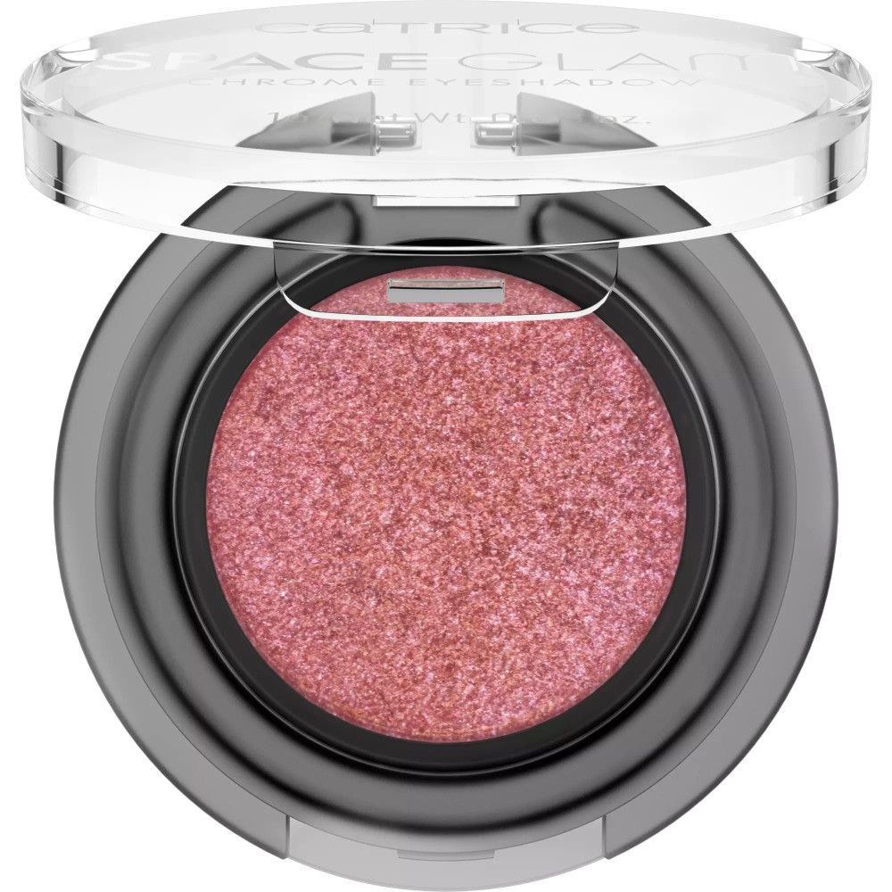 Offener Lidschatten-Tiegel, rosa Farbton. Deckel mit Schriftzug "Catrice SPACE GLAM CHROME EYESHADOW".