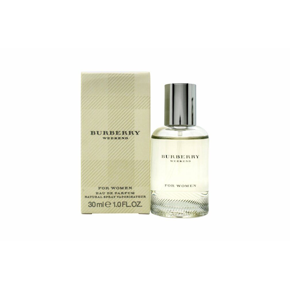 Burberry Weekend Eau de Parfum Spray für Damen. Flakon und Verpackung. Beige karierte Verpackung. 30ml.