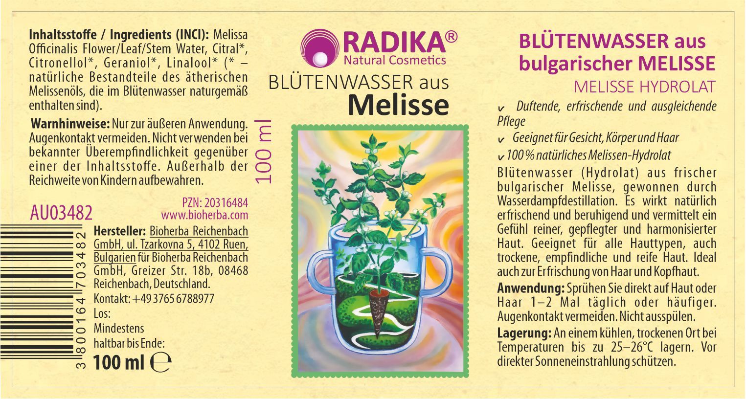 Detailansicht des Etiketts. Text mit Produktname, Logo und Inhaltsstoffen. Abbildung von Melisse-Pflanze in Tasse. 100 ml.