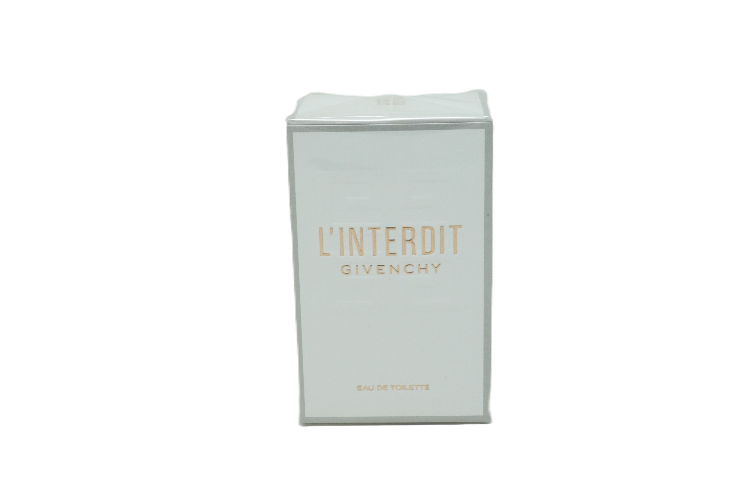 Weißer rechteckiger Karton mit goldfarbenem Schriftzug L'Interdit Givenchy. Untertitel Eau de Toilette.