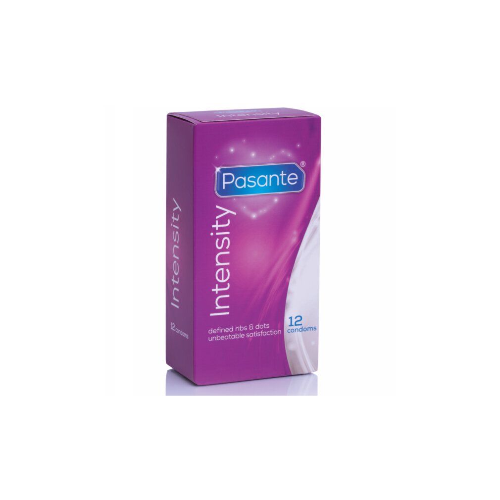 Pasante Intensity Packung. Enthält 12 Kondome mit Rippen und Punkten für intensiveres Gefühl.