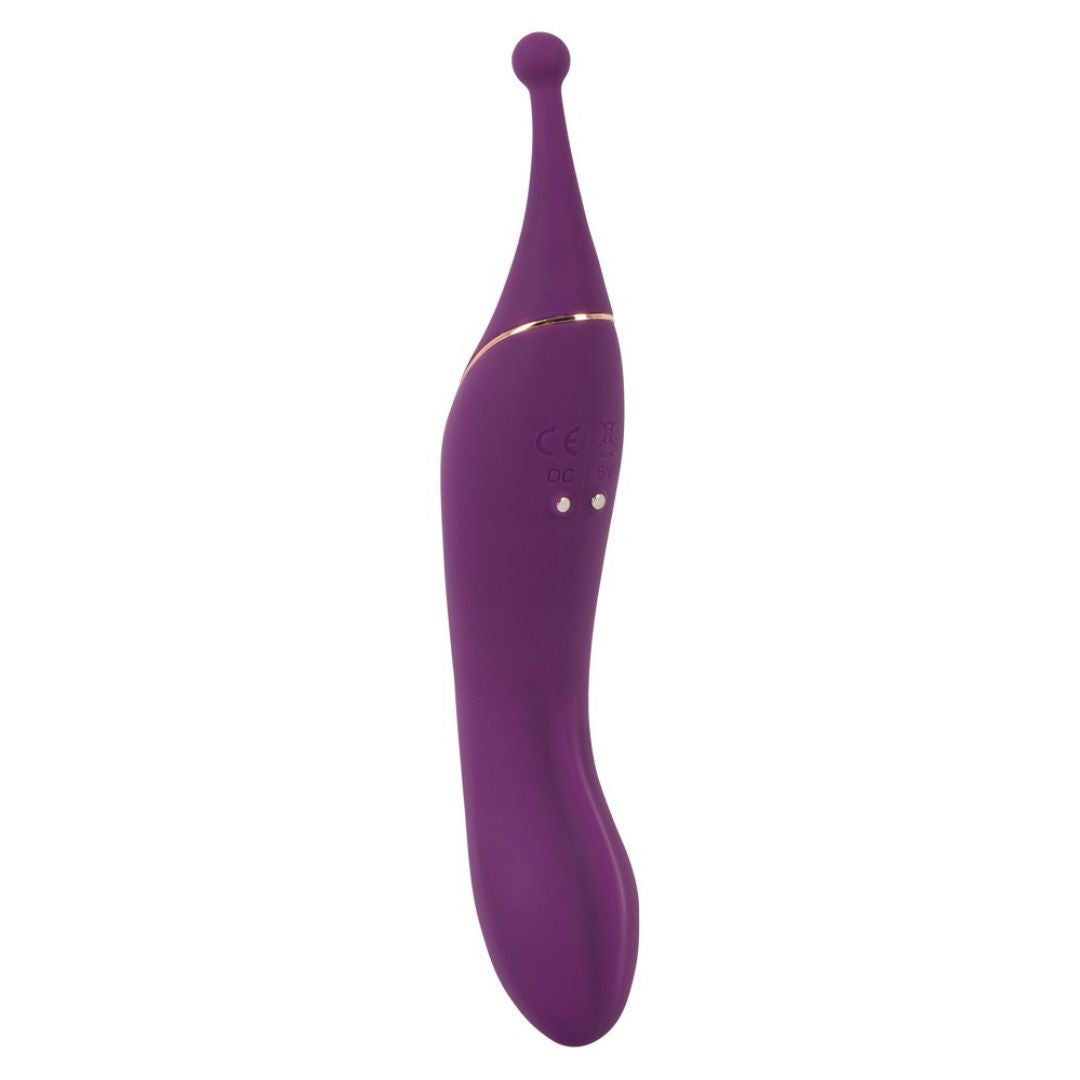 Lila Vibrator mit goldfarbenen Akzenten. Tropfenförmiger Kopf, geschwungener Schaft. Zwei Knöpfe.