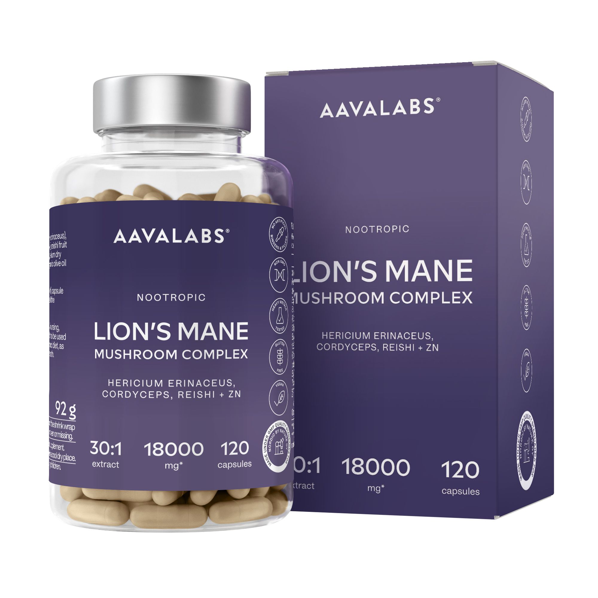 Flasche mit Kapseln und Karton. Aufschrift: AAVALABS, Lion's Mane Mushroom Complex, 120 Kapseln. Enthält 18000 mg.