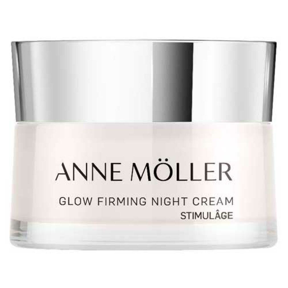 Creme-Tiegel mit silbernem Deckel. Aufschrift: ANNE MÖLLER, GLOW FIRMING NIGHT CREAM, STIMULÂGE.