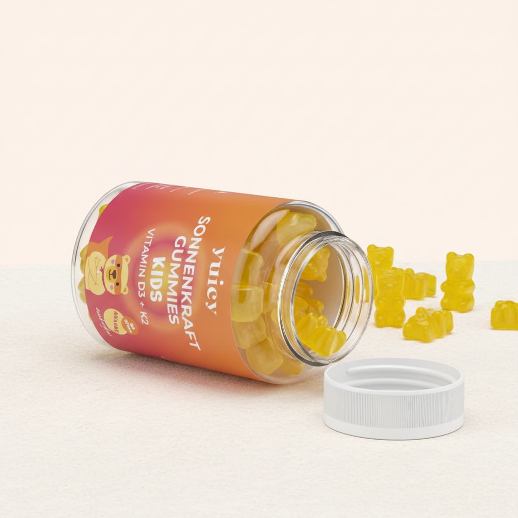 Geöffnete Flasche mit gelben Gummibärchen. Einige Gummibärchen liegen daneben. Aufschrift: yuicy Sonnenkraft Gummies KIDS.