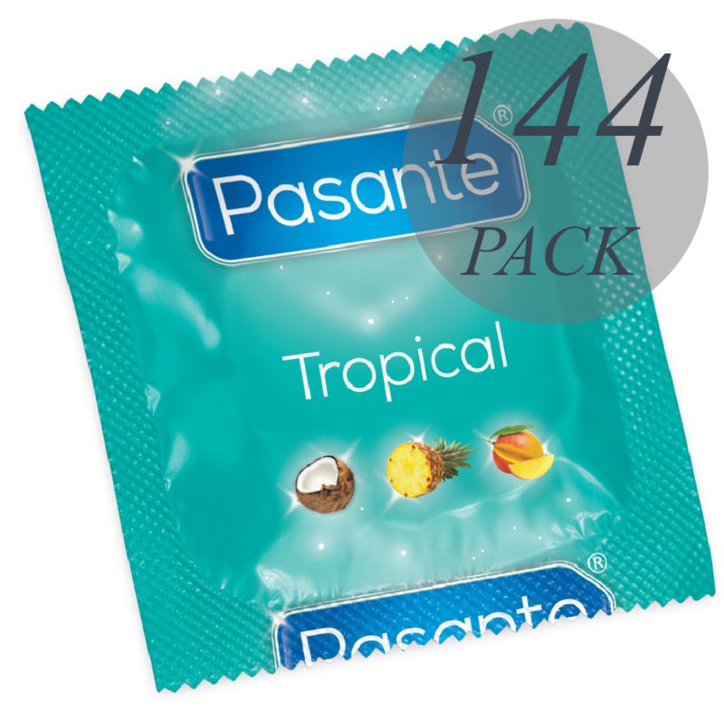 Einzelverpackung mit Kondom. Aufschrift: Pasante Tropical. Abbildung von Kokosnuss, Ananas und Mango. 144er Pack.