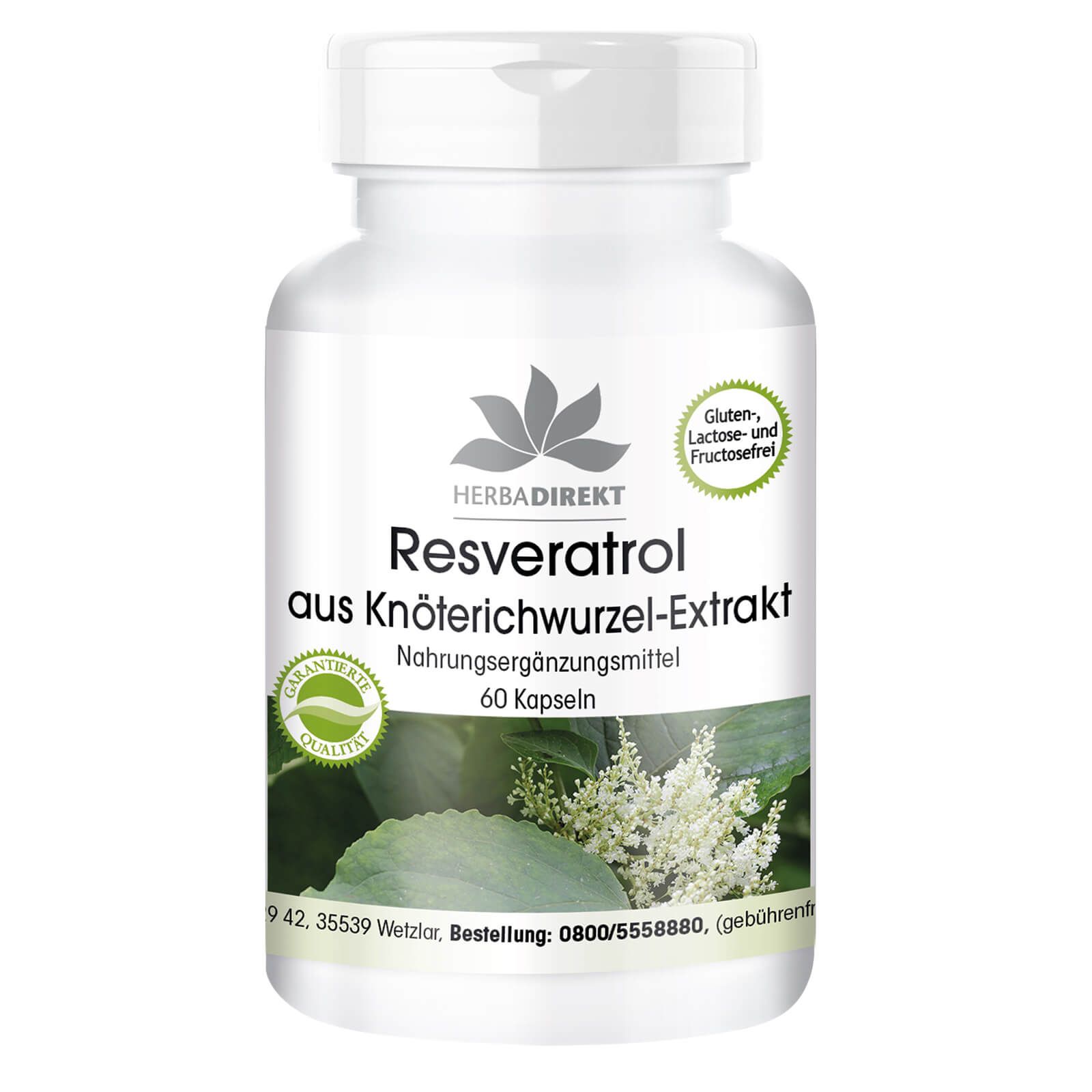 Weiße Flasche mit Kapseln. Aufschrift: Resveratrolo, aus Knöterichwurzel-Extrakt, 60 Kapseln. Siegel: Gluten-, Lactose- und Fructosefrei.