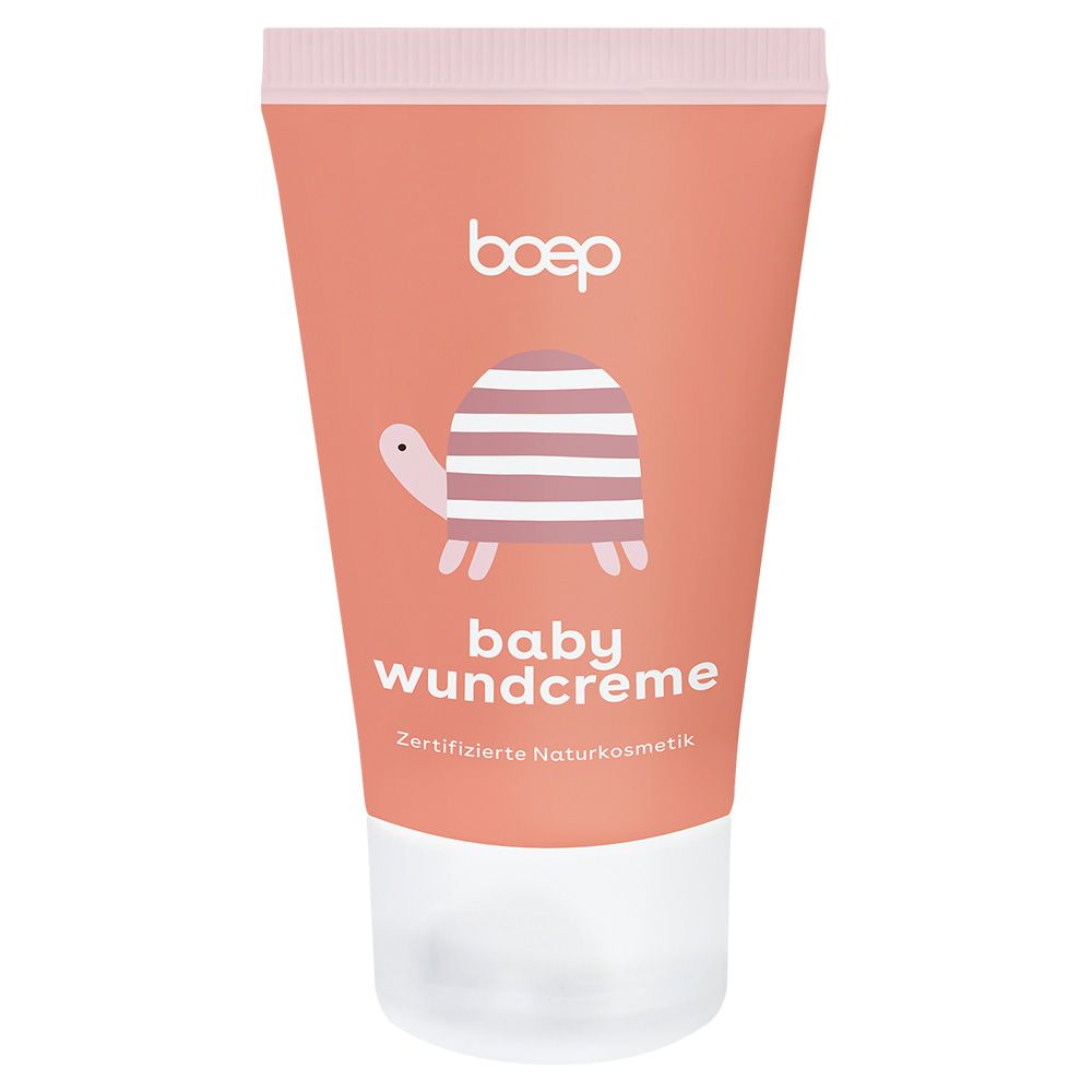 Rosa Tube mit weißem Deckel. Aufdruck: Logo, Schildkröte, Schriftzug 'baby wundcreme'. Zertifizierte Naturkosmetik.
