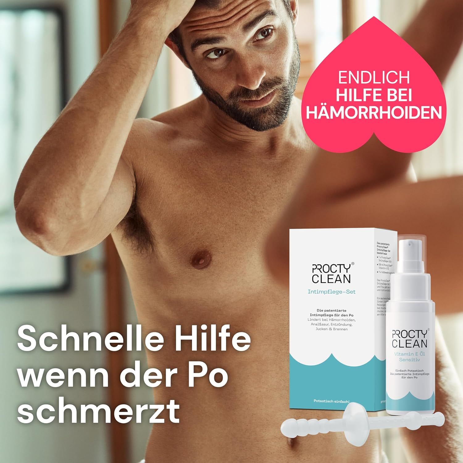 Mann hält sich am Po. Produktverpackung, Fläschchen und Applikator. Aufschrift: ProctyClean.