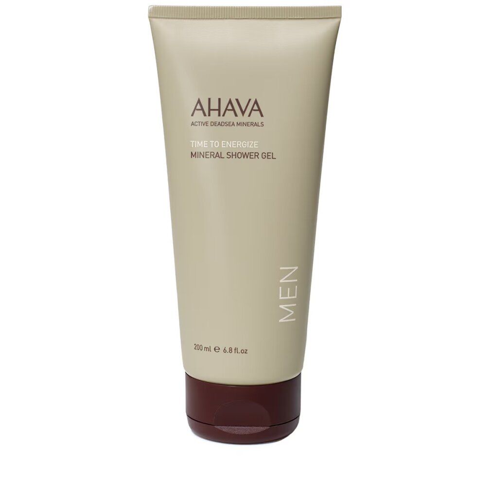Beige Tube mit braunem Deckel. Aufschrift: AHAVA, TIME TO ENERGIZE, Mineral Shower Gel, MEN. Text und Logo in Weiß. 200 ml.