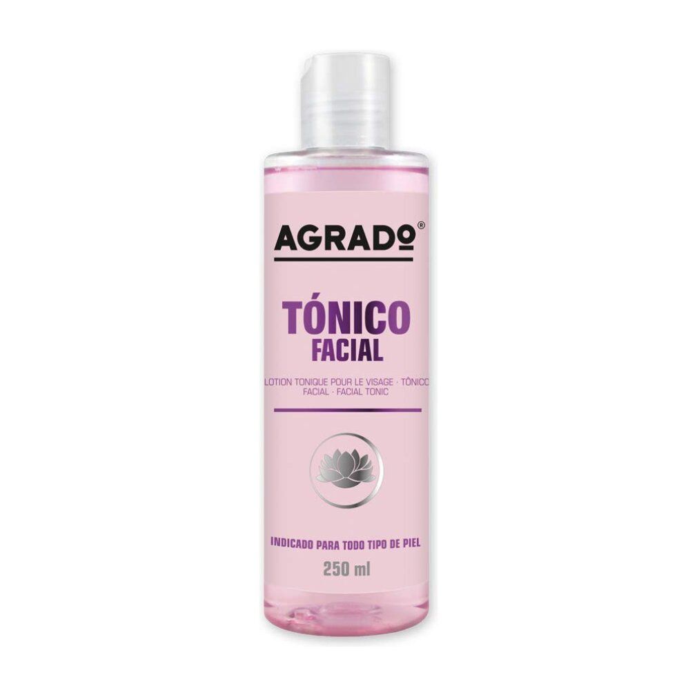 Rosa Flasche mit weißem Deckel. Aufschrift "AGRADO Tónico Facial". Text und Logo auf dem Etikett.