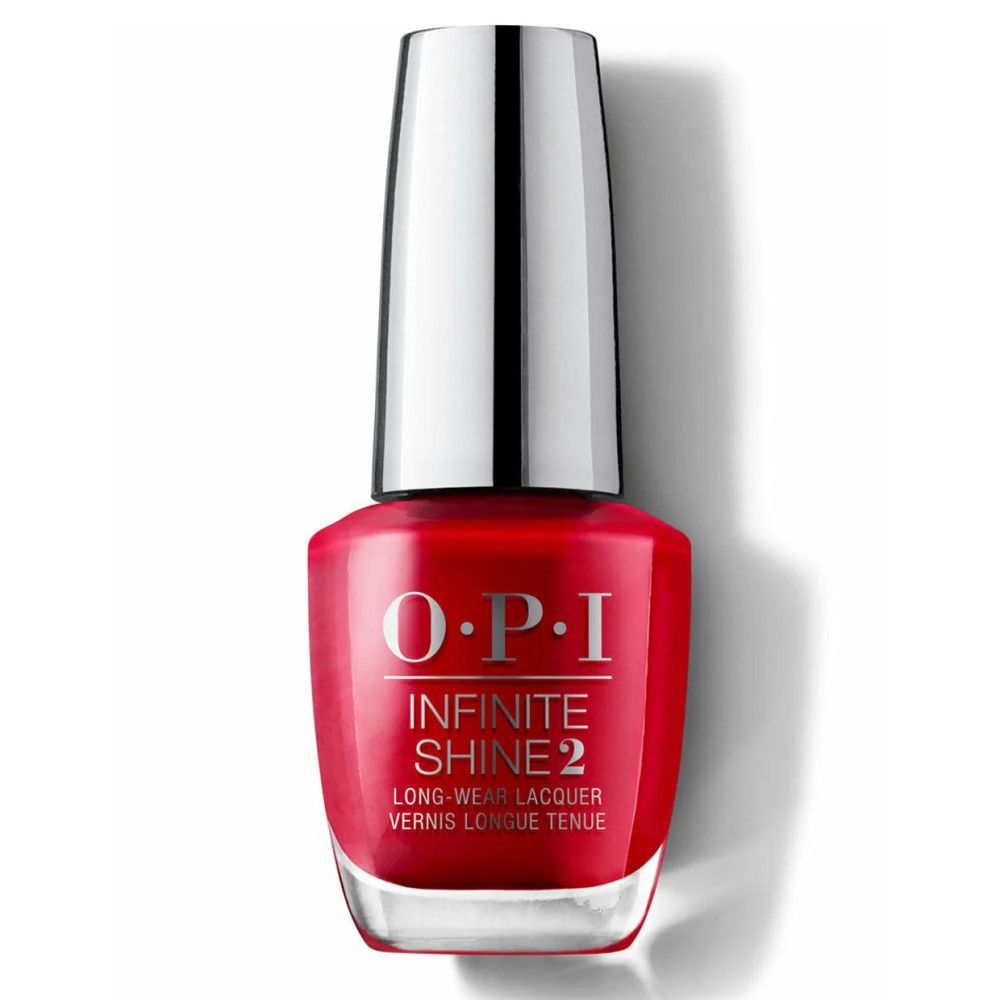 Rote Nagellackflasche mit silbernem Deckel. Oben steht OPI, darunter Infinite Shine 2.