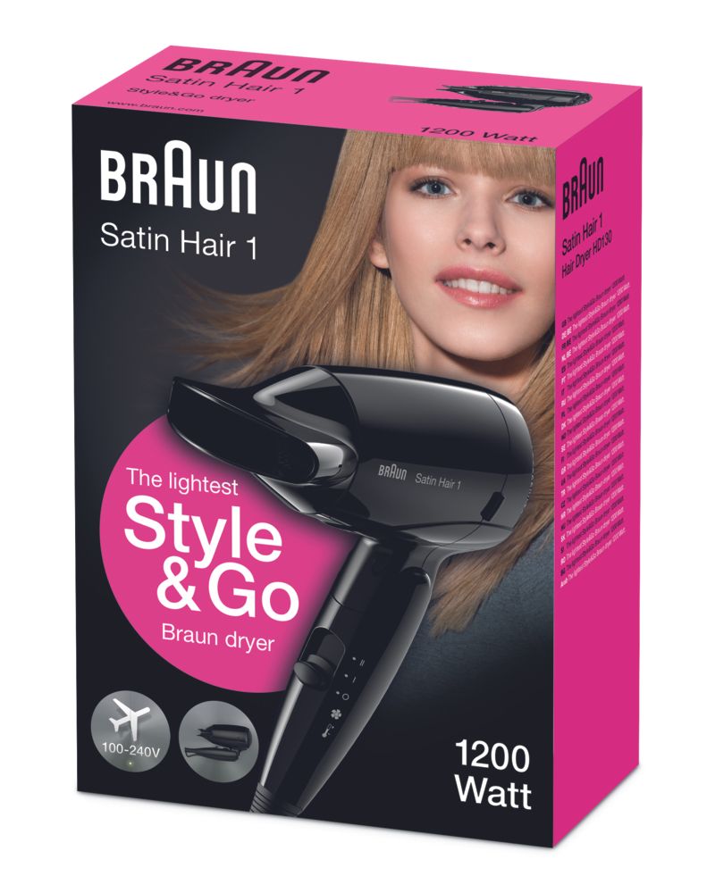 Verpackung des Braun Satin Hair 1 Style & Go Haartrockners, 1200 Watt.