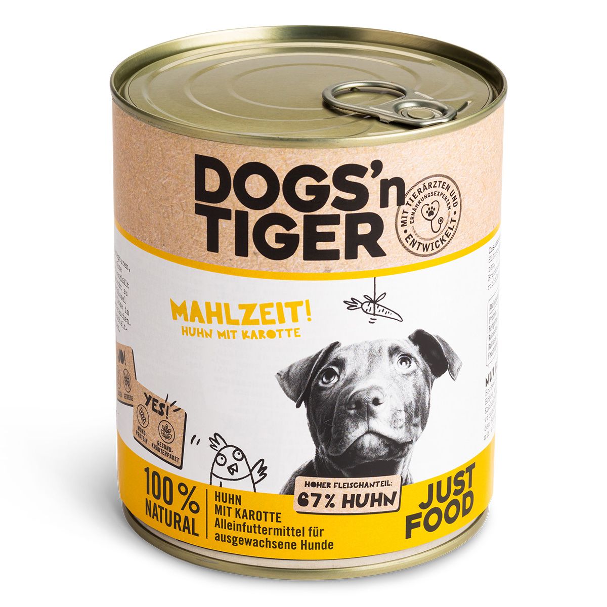 Hundefutterdose "Dogs'n Tiger" mit Hundeportrait, Huhn und Karotte. Aufschrift "Mahlzeit!". Gelbes Etikett mit Text und Logo.