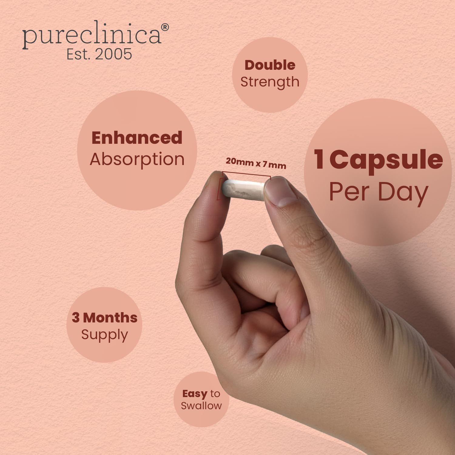 Hand hält eine Kapsel. Die Kapsel ist 20mm x 7mm groß. Informationen zu verbesserter Absorption und einfacher Einnahme.