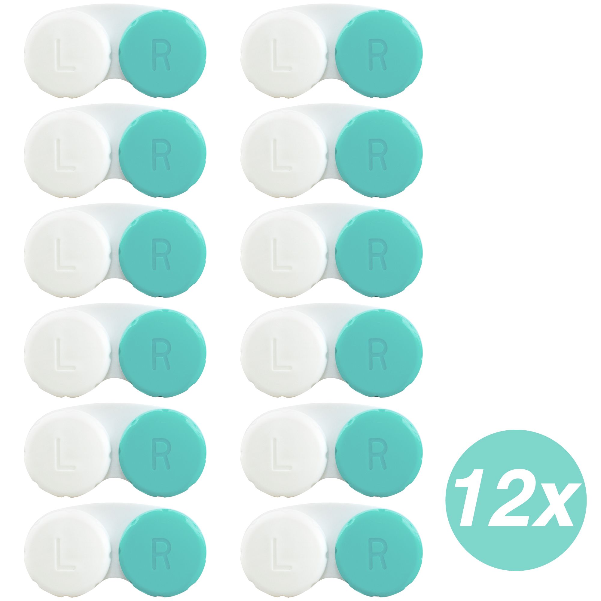 12 Kontaktlinsenbehälter, weiß und grün. Deckel mit 'L' und 'R'.