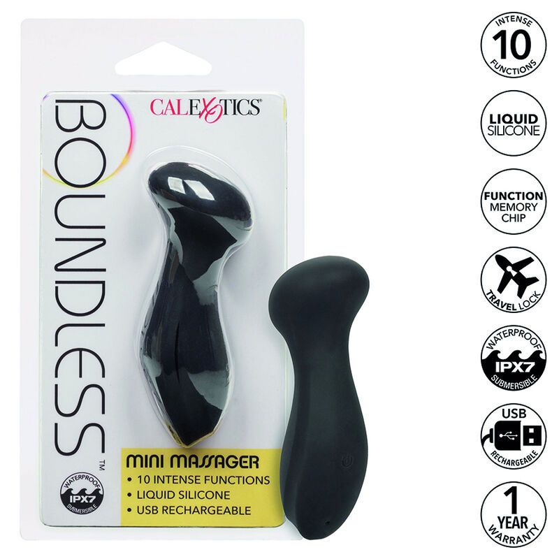 Schwarzes Mini-Massagegerät in Verpackung. Marke Calexotics, Modell Boundless. 10 Intensitätsstufen, wasserdicht, USB-aufladbar.