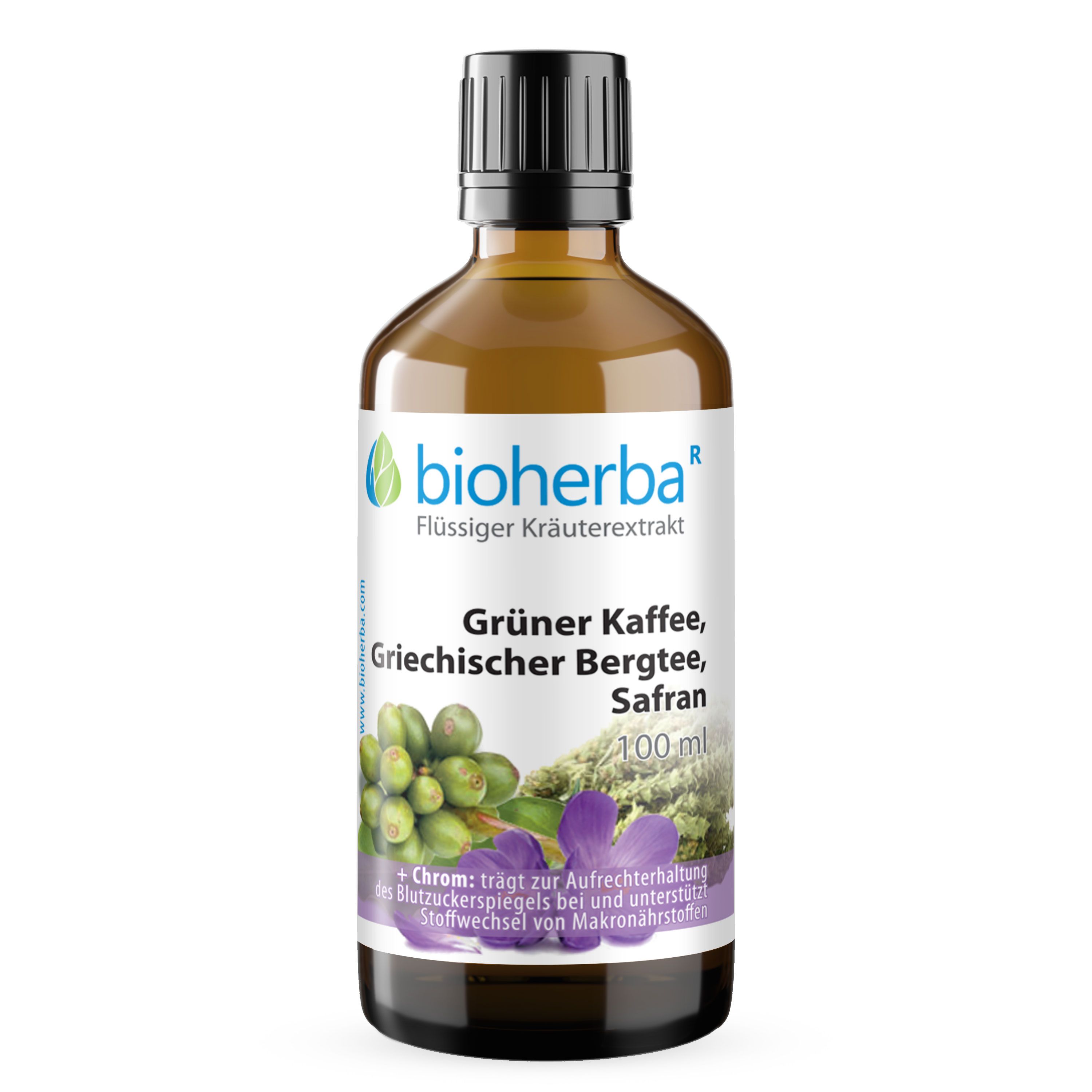 Braune Glasflasche mit schwarzem Deckel. Bioherba Flüssiger Kräuterextrakt. Grüner Kaffee, Griechischer Bergtee, Safran. 100 ml. Etikett mit Produktabbildung.
