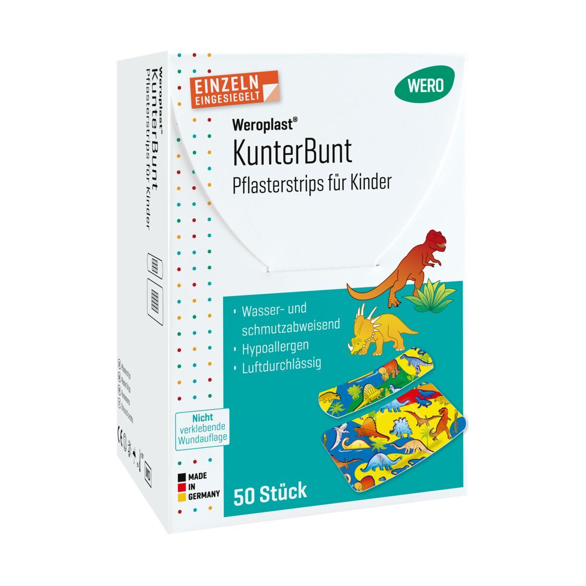 Verpackung WERO KunterBunt Pflasterstrips für Kinder, 50 Stück. Mit Dinosaurier-Motiven und deutschen Qualitätsmerkmalen.