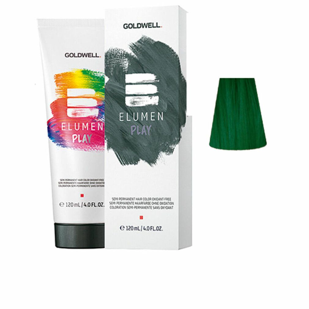 Haarfarbe in Tube und Schachtel. Grün gefärbtes Haar. Aufschrift: ELUMEN PLAY, GOLDWELL.