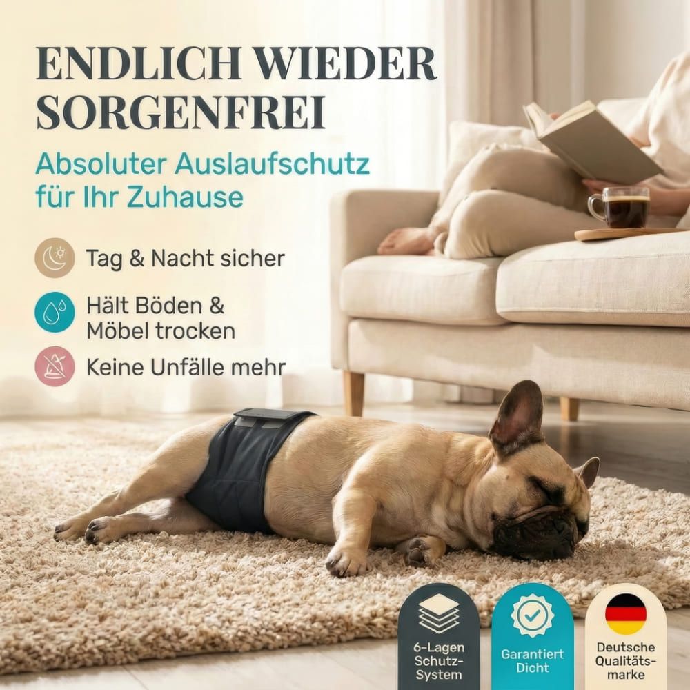 Hund liegt mit Windel auf Teppich. Text: Endlich wieder sorgenfrei. 6-Lagen Schutz-System. Garantiert dicht.