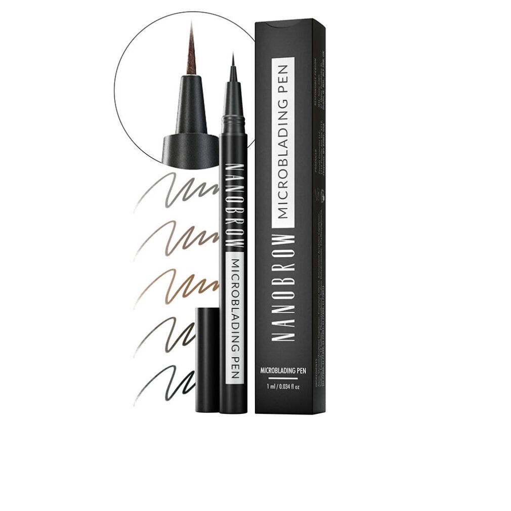 Nanobrow Microblading Pen mit schwarzer Verpackung. Strichzeichnungen und Detailansicht der Spitze.
