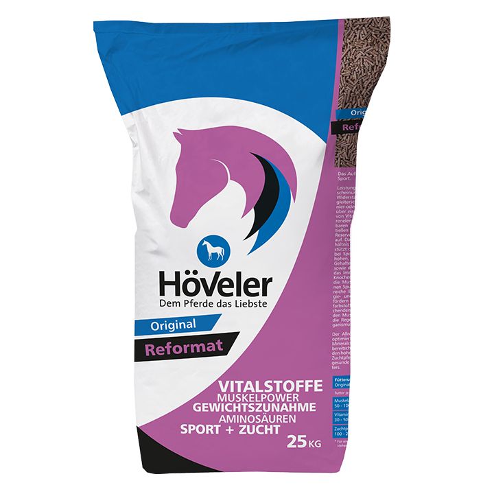 Sack Höveler Reformat, mit Logo, Pferdekopf und Schriftzug. Enthält Vitalstoffe, Aminosäuren, für Sport und Zucht. 25 kg.