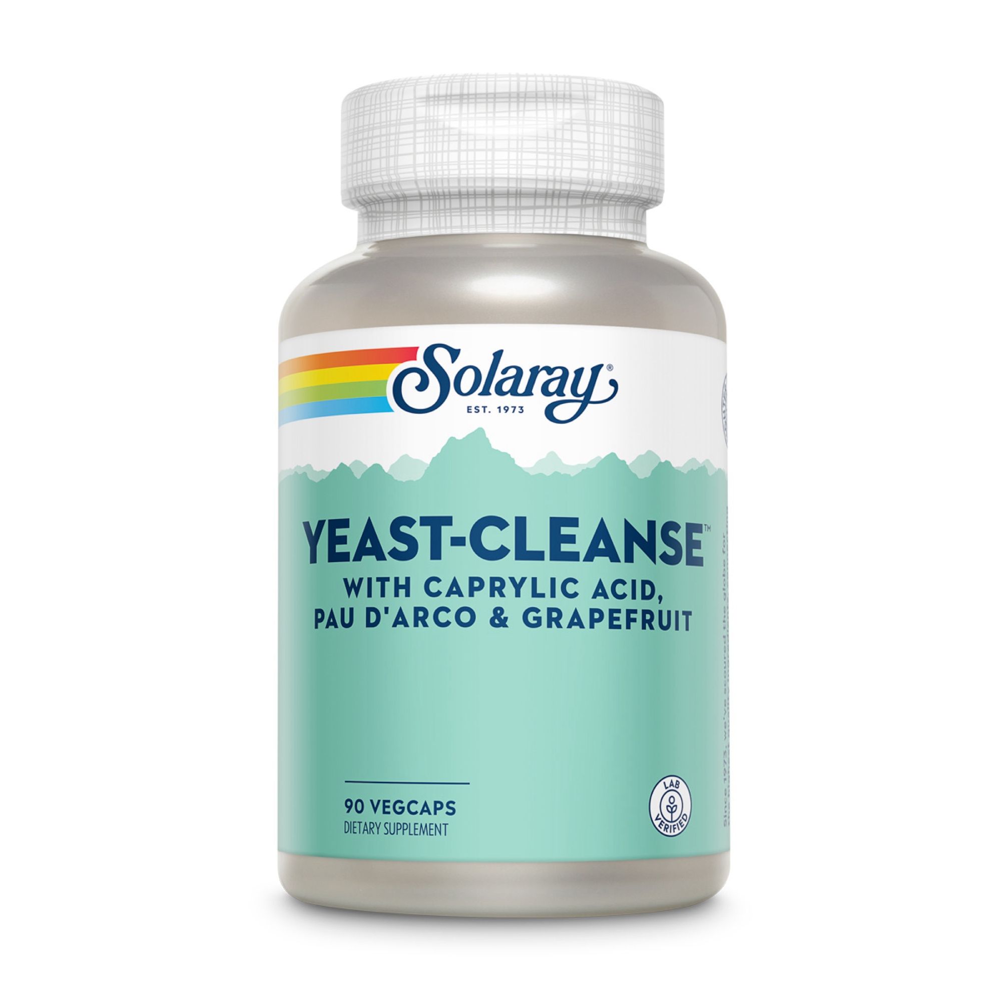 Solaray Yeast Cleanse Flasche. 90 Vegcaps. Text: Yeast-Cleanse mit Caprylsäure, Pau d'Arco & Grapefruit. Dietary Supplement.