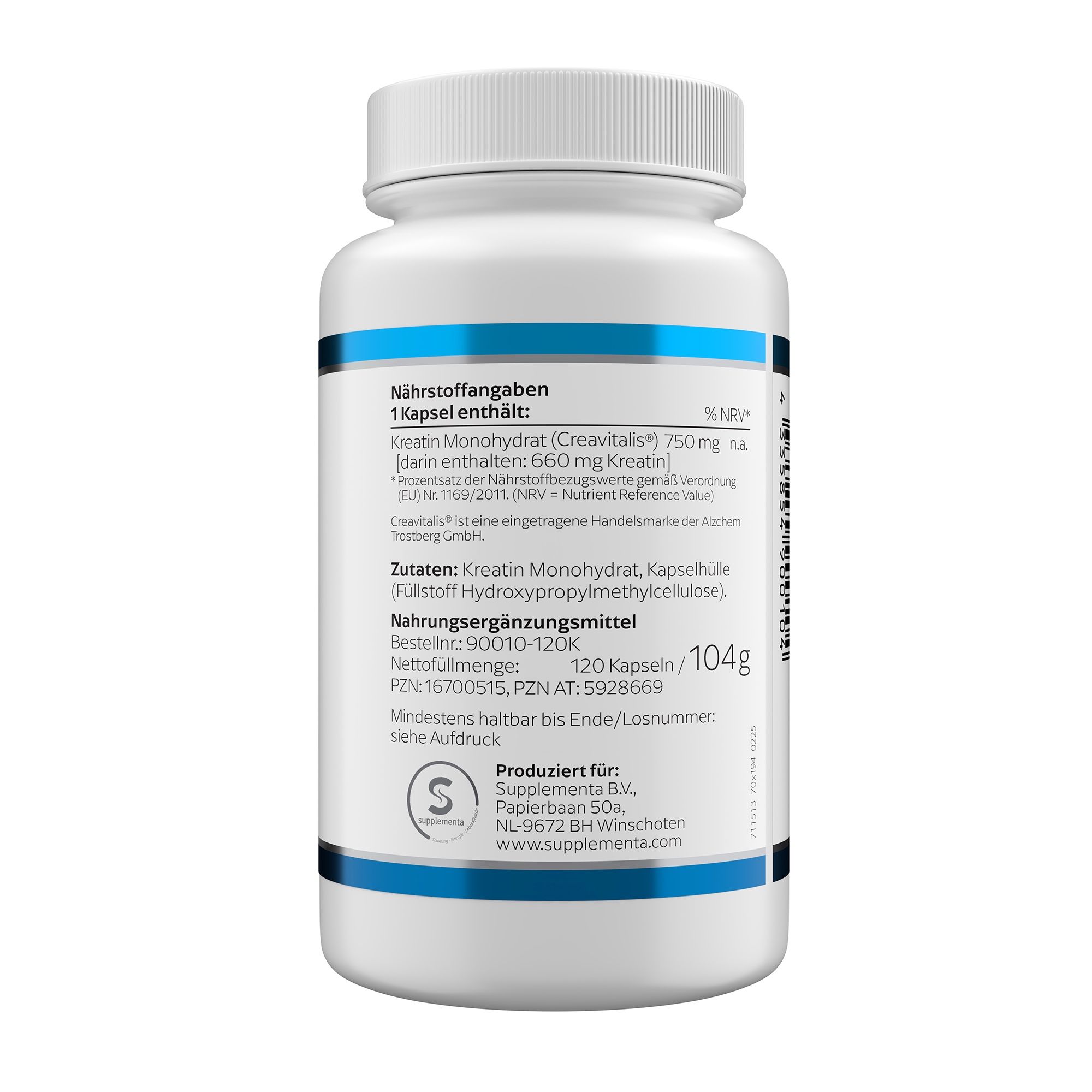 Rückseite einer weißen Flasche. Enthält Informationen zu Nährwerten, Zutaten, Nettomenge (120 Kapseln/104g) und Hersteller.