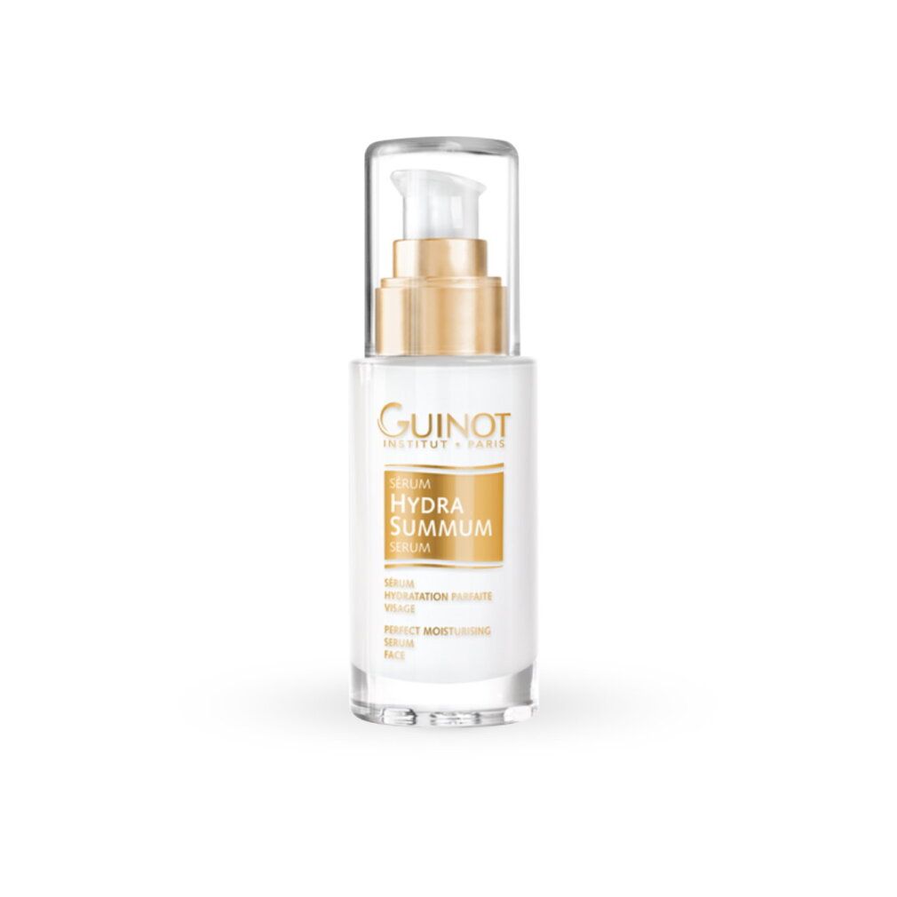 Guinot Hydra Summum Serum: weiße Flasche mit Pumpspender und goldenem Detail.