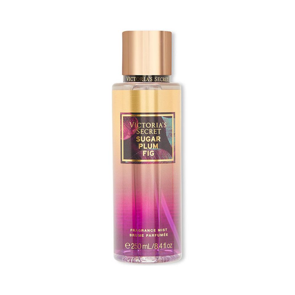 Körperspray mit Farbverlauf. Aufschrift: Victoria's Secret Sugar Plum Fig. Goldener Deckel, transparente Flasche.