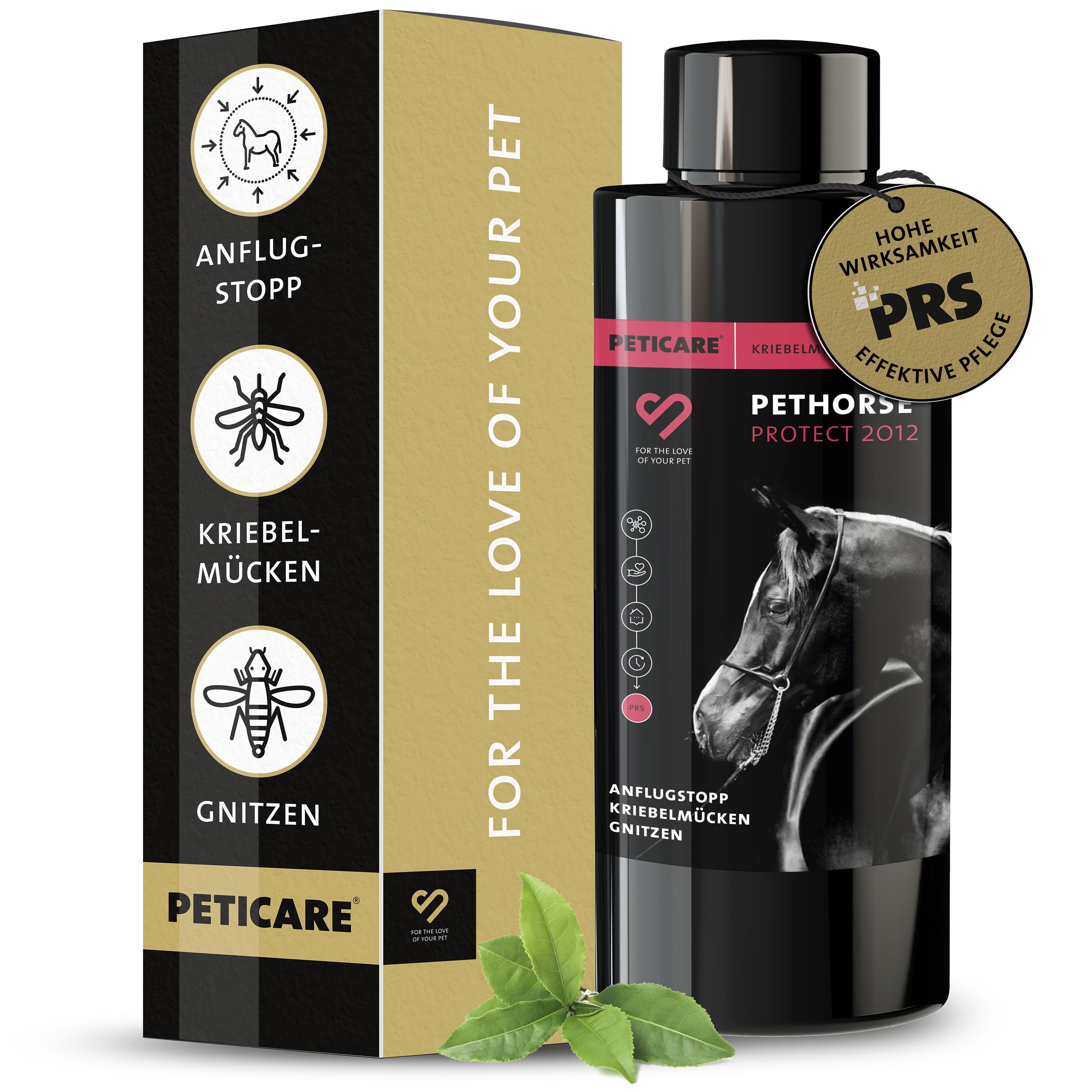 Produktverpackung mit Flasche und Box. Text: Für die Liebe Ihres Haustiers. Peticare.