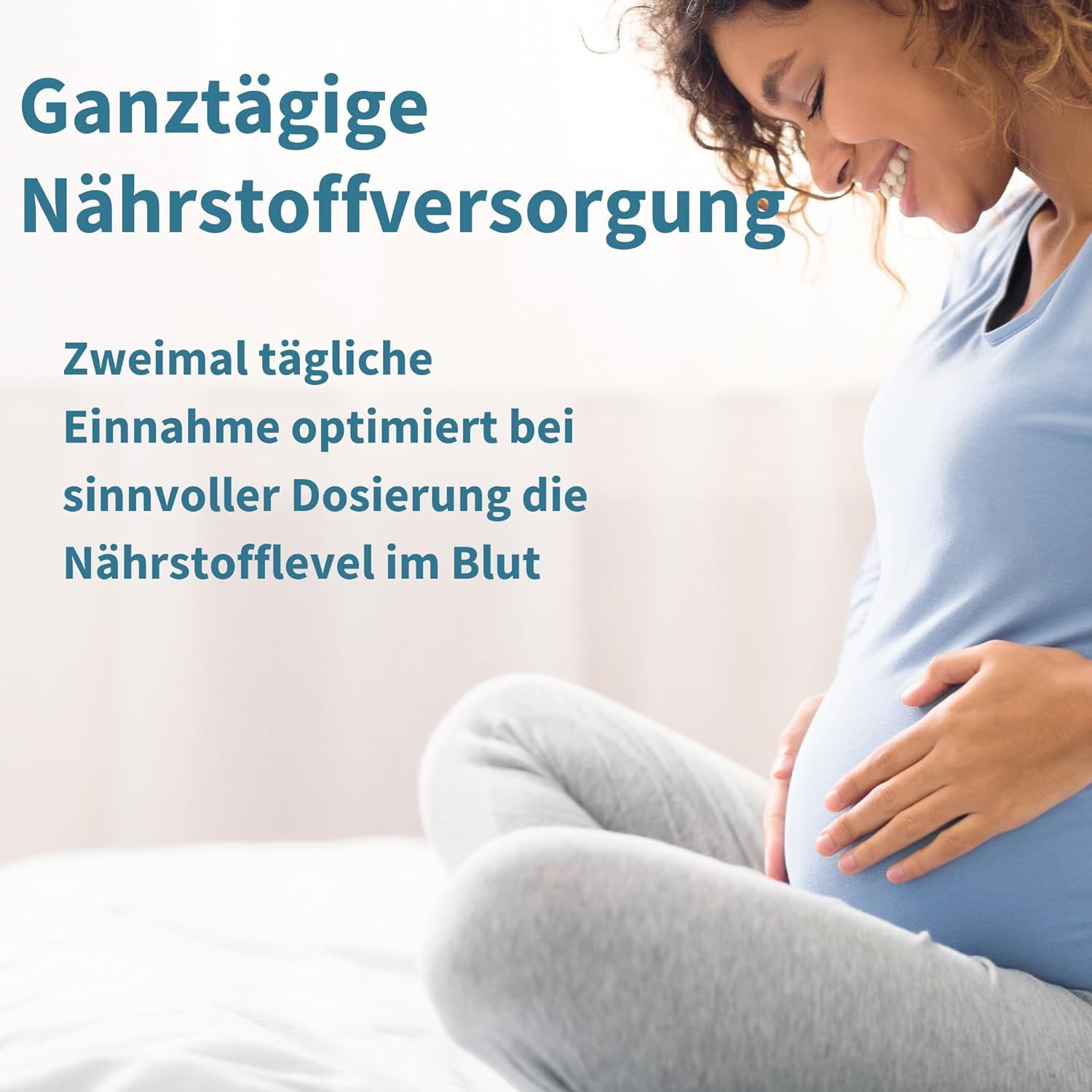 Schwangere Frau hält Bauch. Text: "Ganztägige Nährstoffversorgung". Einnahme optimiert die Nährstofflevel im Blut.