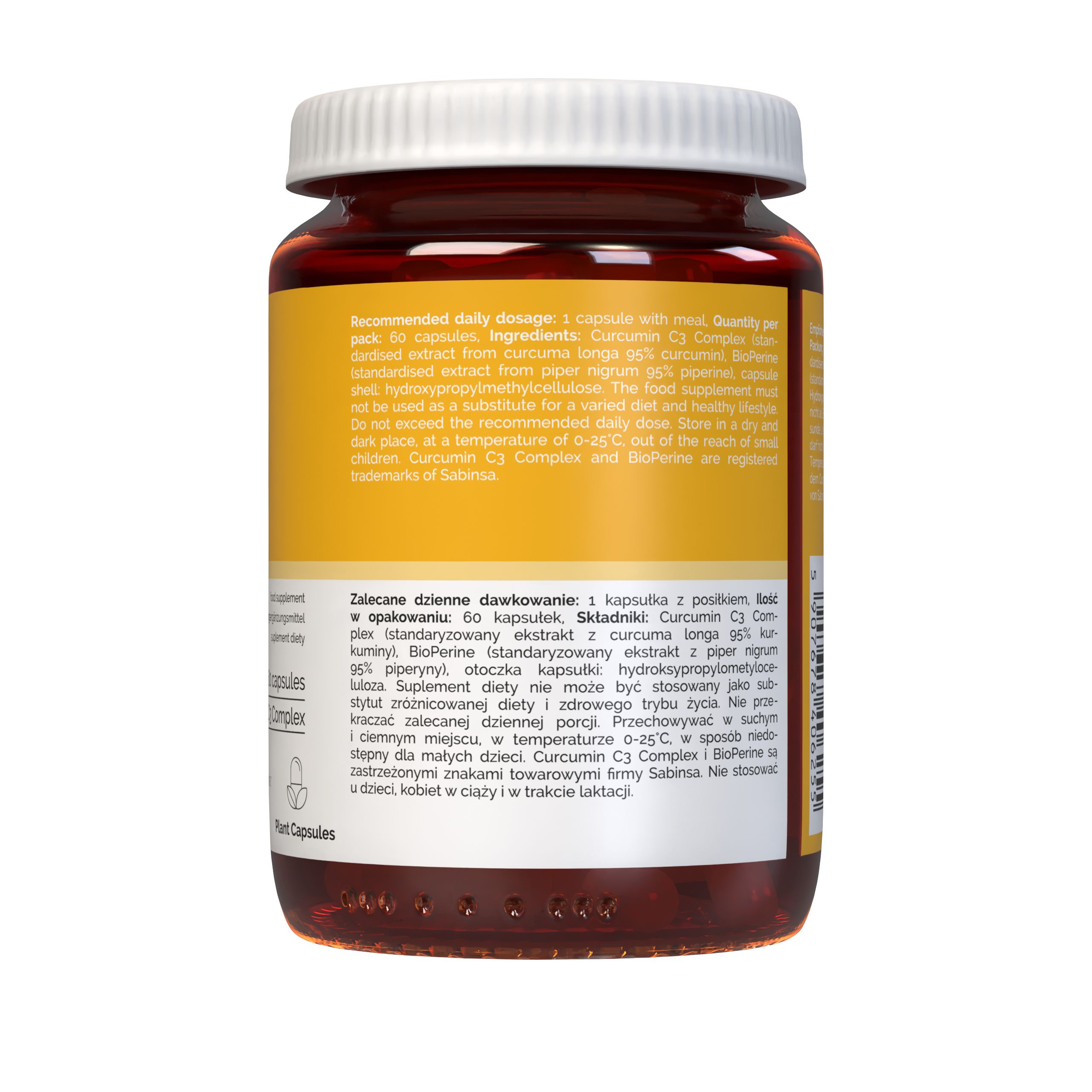 Rückseite eines Vitaler's Curcumin + Piperine Kapselbehälters mit Produktinformationen und Inhaltsstoffen.