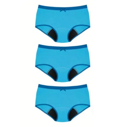Drei blaue Hipster-Periodenunterwäsche mit schwarzem Einsatz. Mit Schleife am Bund.