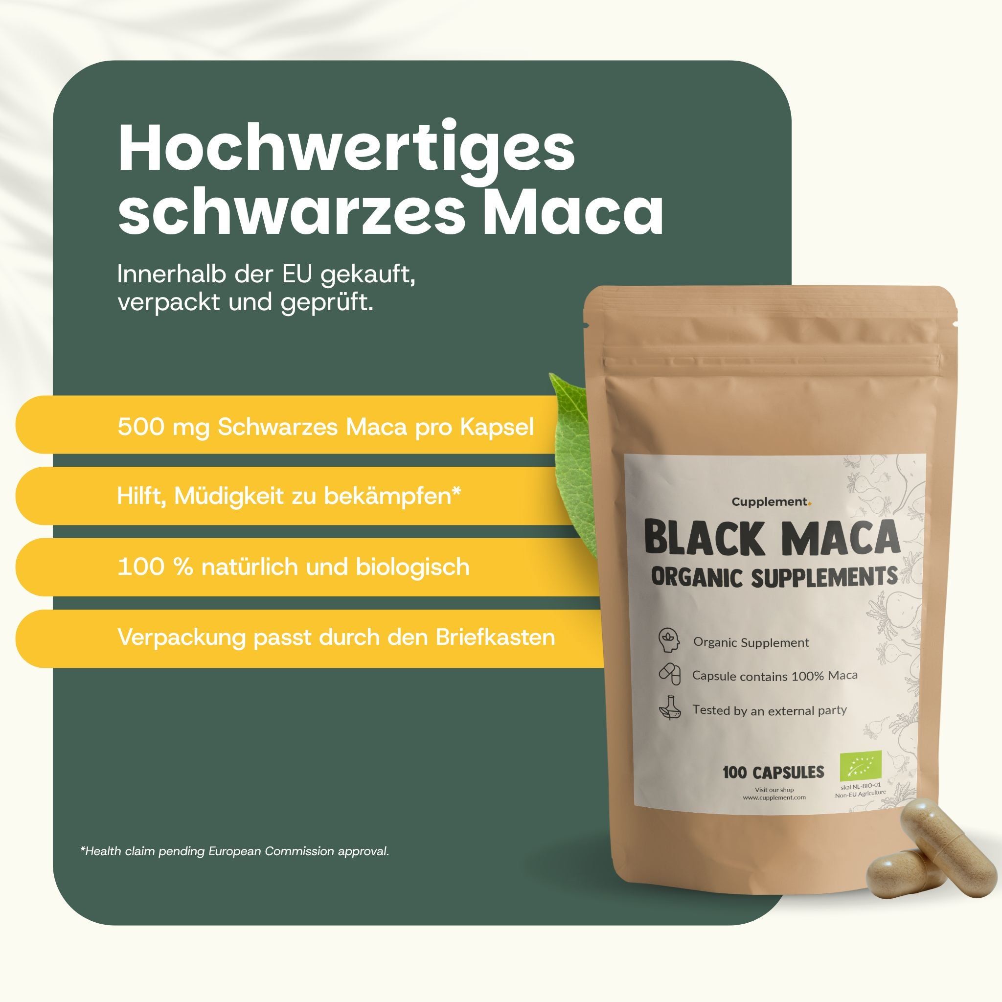 Grafik mit Text: Hochwertiges schwarzes Maca. 500 mg schwarzes Maca pro Kapsel. Hilft, Müdigkeit zu bekämpfen. 100% natürlich.