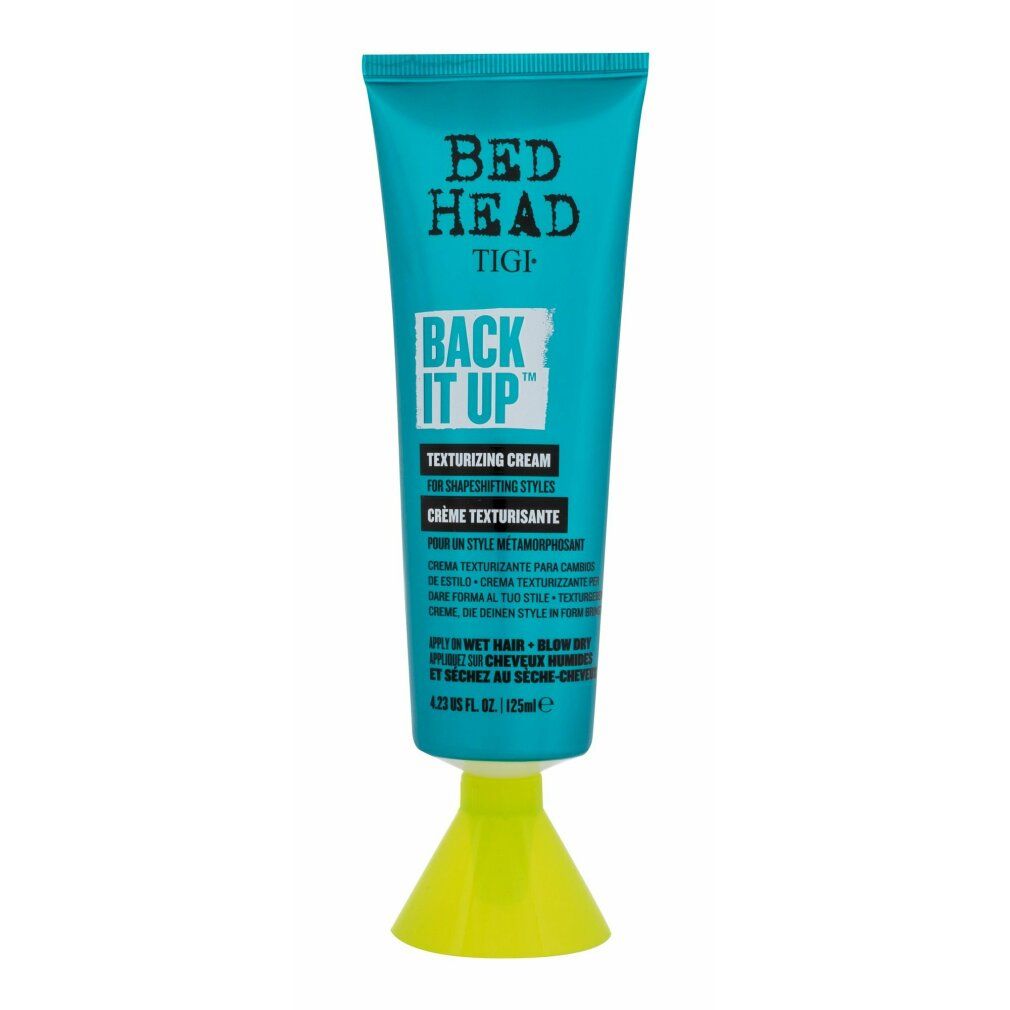 Türkisfarbene Tube mit gelbem Fuß. Aufschrift: Bed Head, TIGI, Back It Up Texturizing Cream. 125ml.