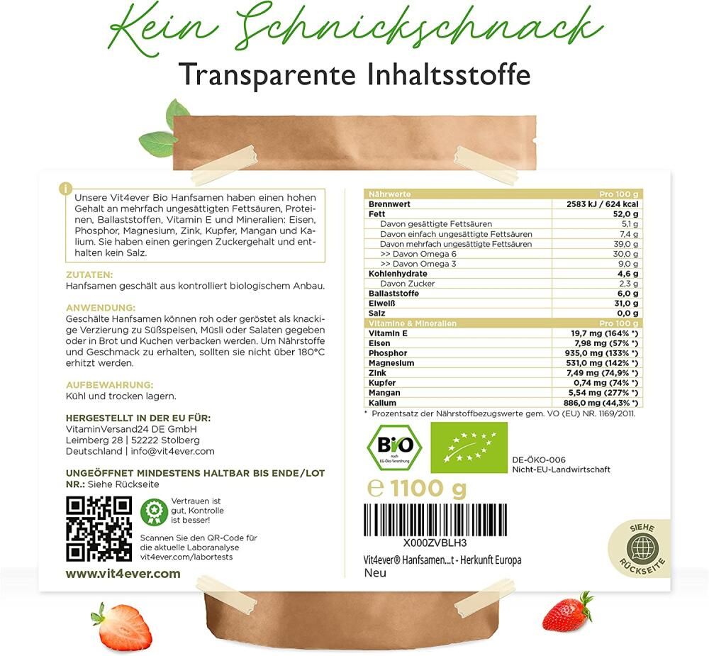 Rückseite der Verpackung von Bio Hanfsamen. Nährwertangaben, Zutaten, Anwendung, Lagerung, Mindesthaltbarkeit, Herstellerinformationen.