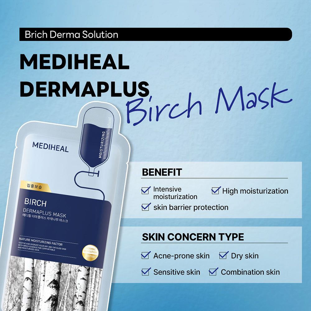 MEDIHEAL Dermaplus Birch Maske Packung mit Text und Illustrationen. Vorteile und Hauttypen.