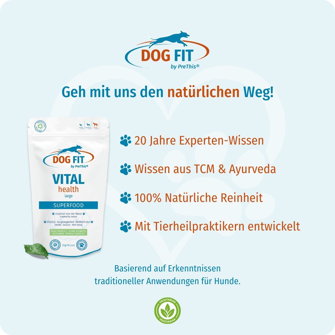 Produktverpackung DOG FIT by PreThis® VITAL health. Text: 20 Jahre Experten-Wissen, Wissen aus TCM & Ayurveda, 100% Natürliche Reinheit.