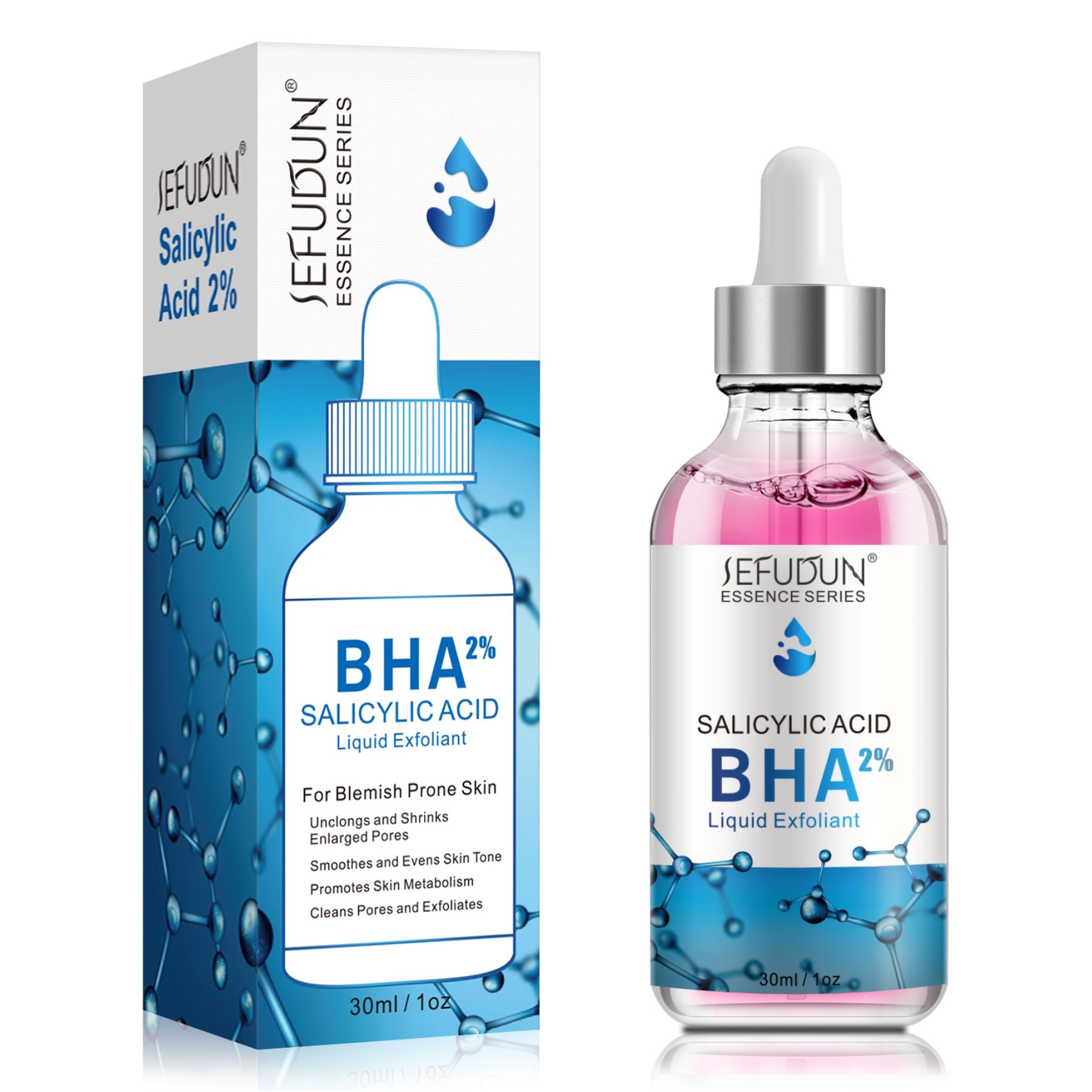 Serumflasche und Verpackung. Aufschrift: SEFUDUN, Salicylsäure BHA 2% Liquid Exfoliant. Mit Pipette.