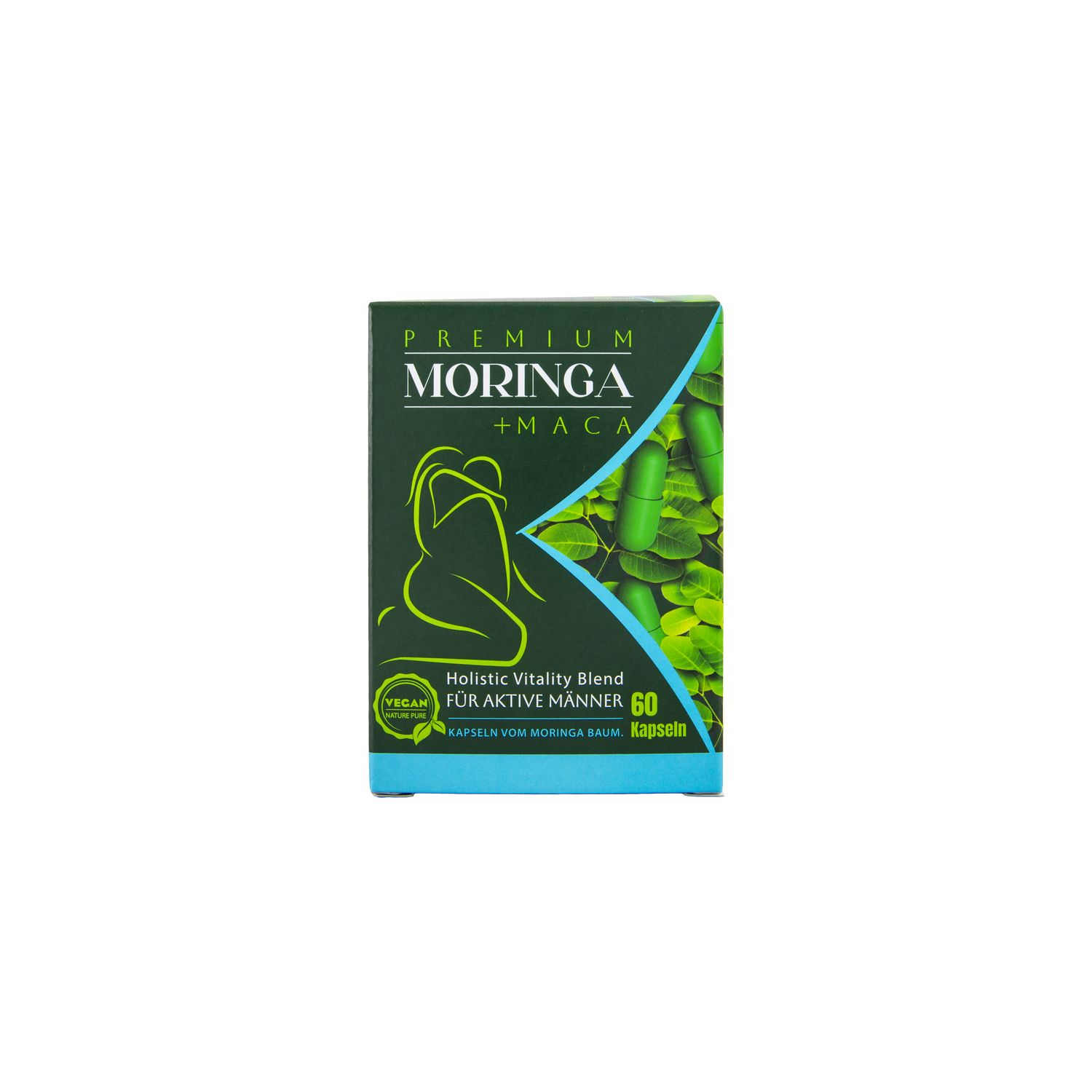 Karton mit MORINGA + MACA. Aufschrift: Holistic Vitality Blend für aktive Männer. 60 Kapseln. Grün, blau und weiß.