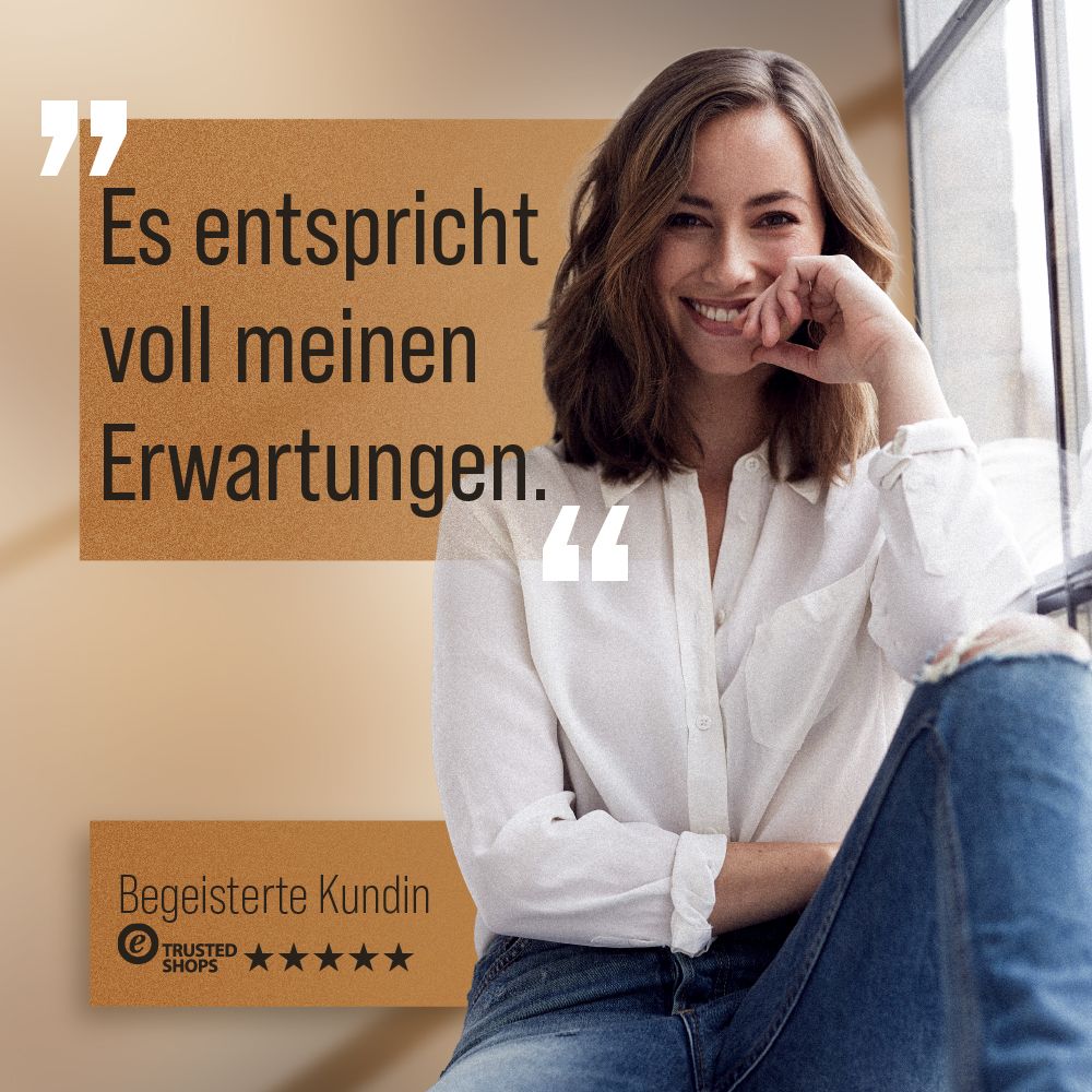 Zitierende Frau. Text: Zitat einer Kundin, die ihre Erwartungen erfüllt sieht. Logo von Trusted Shops.
